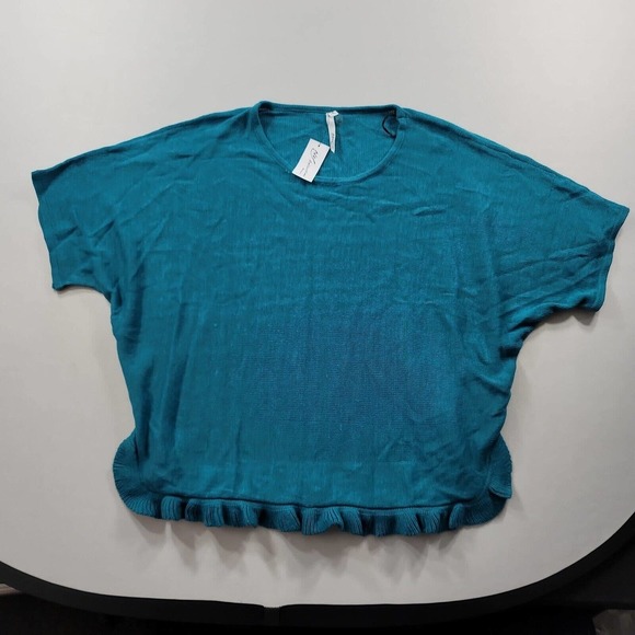 NY Collection Ruffled Sheer Pullover Sweater Womens Plus 1X Blue Teal - Picture 2 of 7